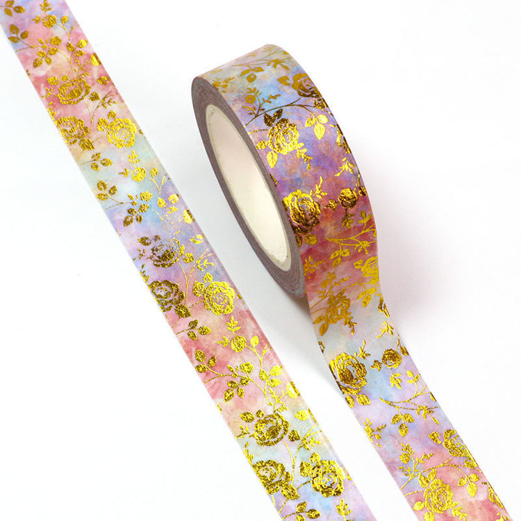 15mm x 10m CMYK Gold Foil Watercolor Roses Washi Tape