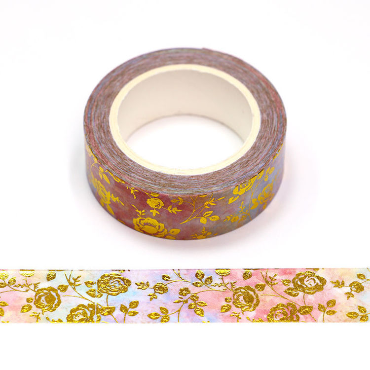 15mm x 10m CMYK Gold Foil Watercolor Roses Washi Tape