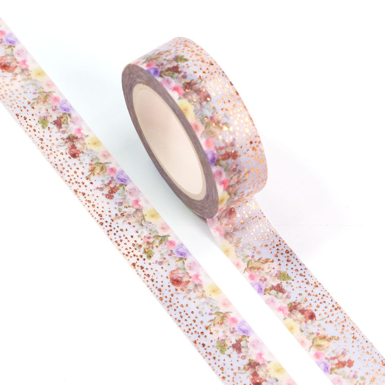 15mm x 10m Gold Foil CMYK Colored Roses Washi Tape