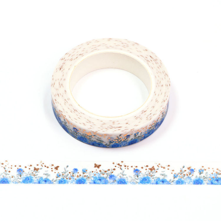 10mm x 10m Gold Foil CMYK Blue Rose Washi Tape