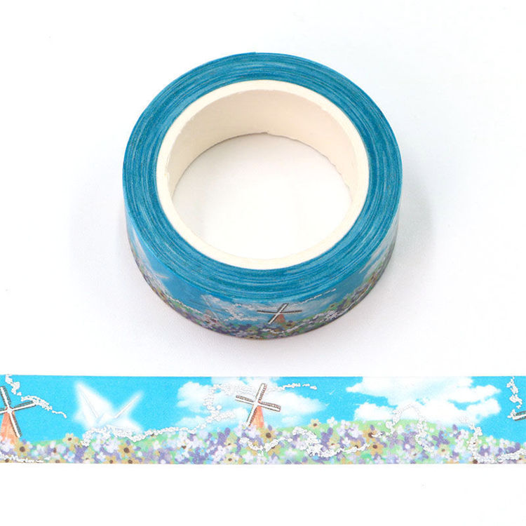 15mm x 10m Silver Holographic Foil CMYK Flowers and Windmills Washi Tape