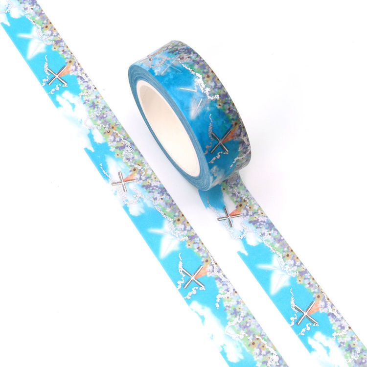 15mm x 10m Silver Holographic Foil CMYK Flowers and Windmills Washi Tape