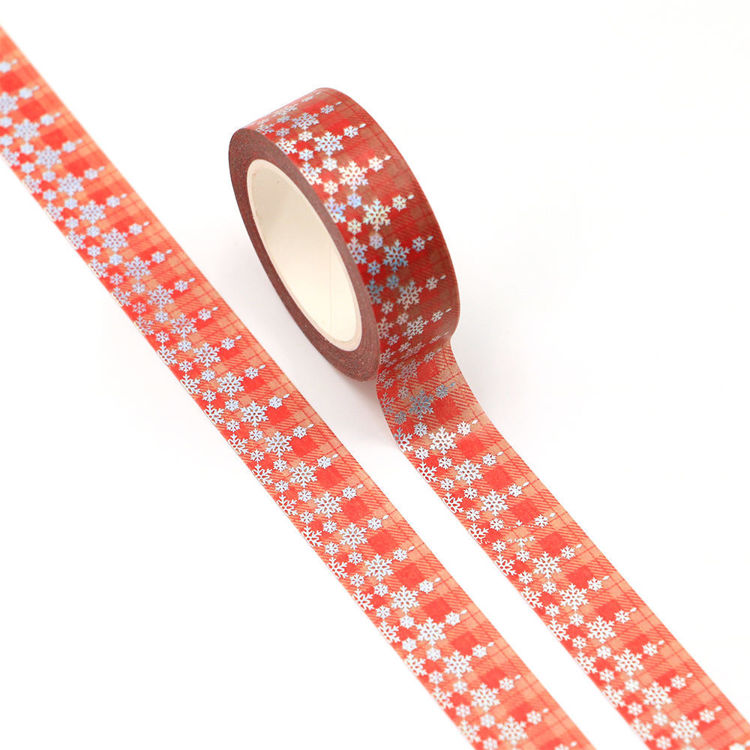 15mm x 10m CMYK Red tartan Silver Holographic Foil snowflake washi tape