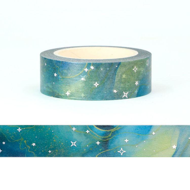 15mm x 10m CMYK Foil Green Galaxy Cloud Washi Tape