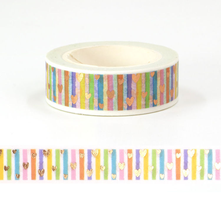15mm x 10m CMYK Foil Vertical Stripes and Heart Washi Tape