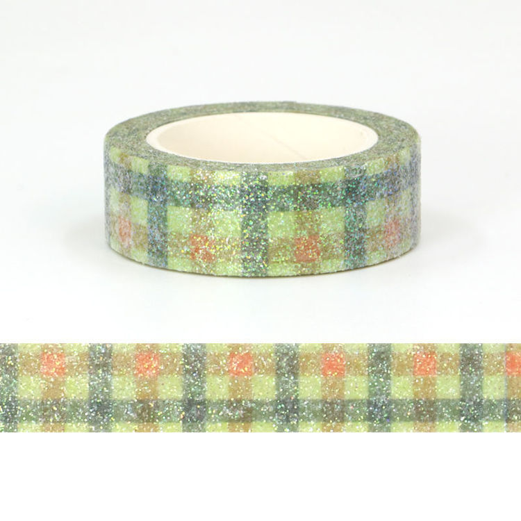 15mm x 3m CMYK Sparkle Green Orange Plaid Washi Tape